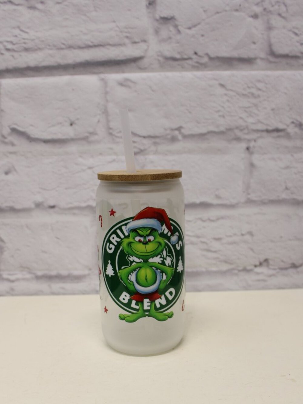 Grinchmas Blend Frosted Glass Can Tumbler with Bamboo Lid and Straw